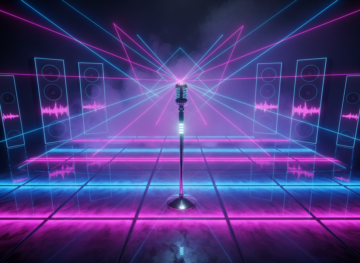 An ultra-stylized neonpunk dance floor seen from a slightly elevated angle, composed of glossy, glass-like tiles that pulse with alternating bands of hot pink, electric blue, and deep violet. In the foreground, a chrome microphone stand with a retro-style mic rests alone at center stage, glowing subtly with embedded LED strips. Surrounding the floor, towering black speaker stacks with animated neon outlines vibrate with visible soundwave patterns. Laser beams slice through the air, intersecting with soft, colorful fog that catches the light in swirling patterns. The lighting is bold and dynamic, with high contrast and vivid saturation, creating a sense of nonstop motion. The composition uses strong leading lines from the tiles and light beams, drawing the eye toward the central mic, embodying the promise of an unforgettable party performance.