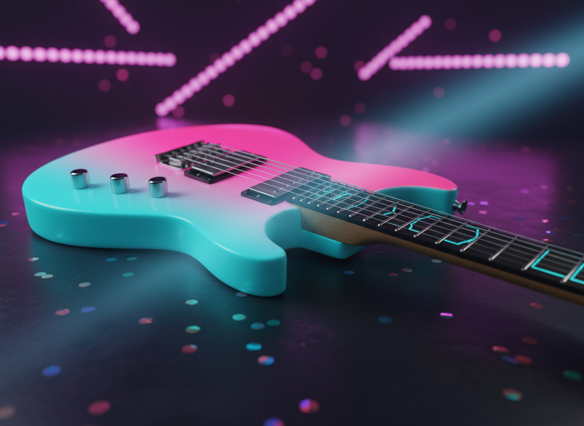A close-up, cinematic view of a neonpunk electric guitar lying on a dark, glossy stage floor lightly dusted with confetti. The guitar body features a vivid gradient finish shifting from neon magenta to electric turquoise, with chrome hardware that reflects surrounding lights in sharp highlights. Thin, animated neon inlays trace along the fretboard, glowing cyan against deep black wood. In the blurred background, strips of LED stage lights form diagonal streaks of hot pink and violet bokeh. A narrow beam of cool blue spotlight cuts across the guitar, creating dramatic contrast and elongated shadows. Shot from a low, angled perspective with shallow depth of field, the mood is bold and expectant, conveying the charged moment just before the band launches into a high-energy set.