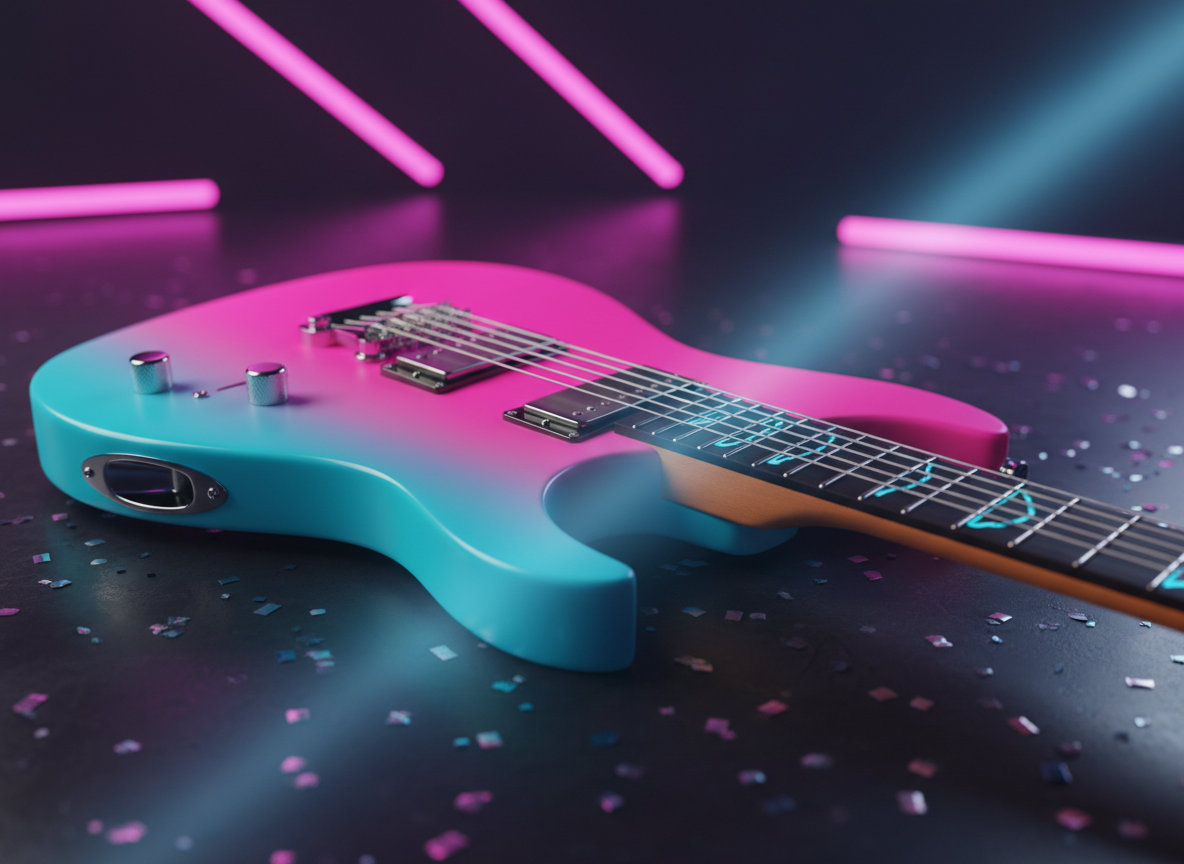A close-up, cinematic view of a neonpunk electric guitar lying on a dark, glossy stage floor lightly dusted with confetti. The guitar body features a vivid gradient finish shifting from neon magenta to electric turquoise, with chrome hardware that reflects surrounding lights in sharp highlights. Thin, animated neon inlays trace along the fretboard, glowing cyan against deep black wood. In the blurred background, strips of LED stage lights form diagonal streaks of hot pink and violet bokeh. A narrow beam of cool blue spotlight cuts across the guitar, creating dramatic contrast and elongated shadows. Shot from a low, angled perspective with shallow depth of field, the mood is bold and expectant, conveying the charged moment just before the band launches into a high-energy set.