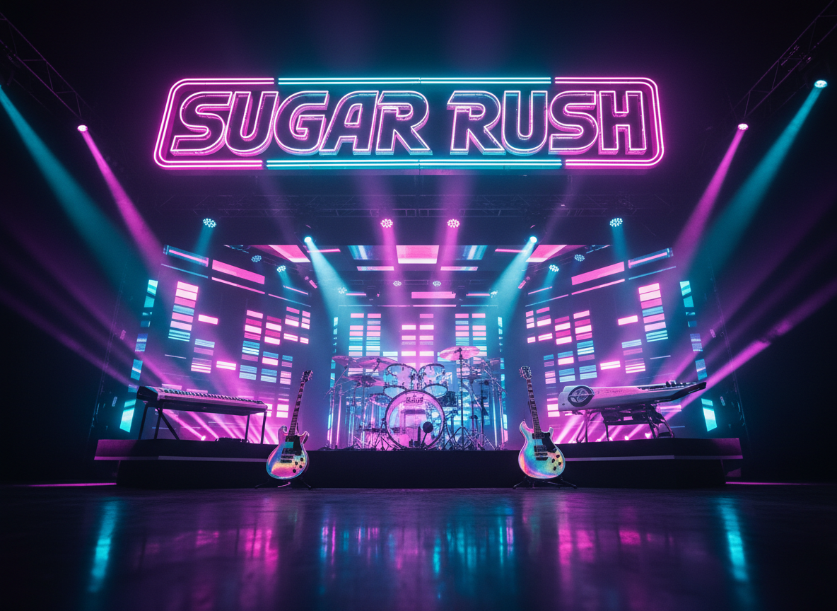 A gleaming neonpunk stage setup emblazoned with the bold “Sugar Rush” logo, formed from glossy chrome letters wrapped in electric pink and cyan neon tubing. At center, a high-end drum kit with translucent shells glows from within, flanked by holographic-finish guitars and a shimmering keytar resting on a sleek black riser. The backdrop is a digital wall of animated equalizer bars and geometric light panels, pulsing with vivid magentas, teals, and purples. Razor-sharp spotlight beams cut through a light haze, casting dramatic reflections across polished stage flooring. Captured from a low, wide-angle perspective with deep focus, the scene feels explosive, high-energy, and immersive, evoking a futuristic party atmosphere in a vibrant, stylized neonpunk aesthetic.