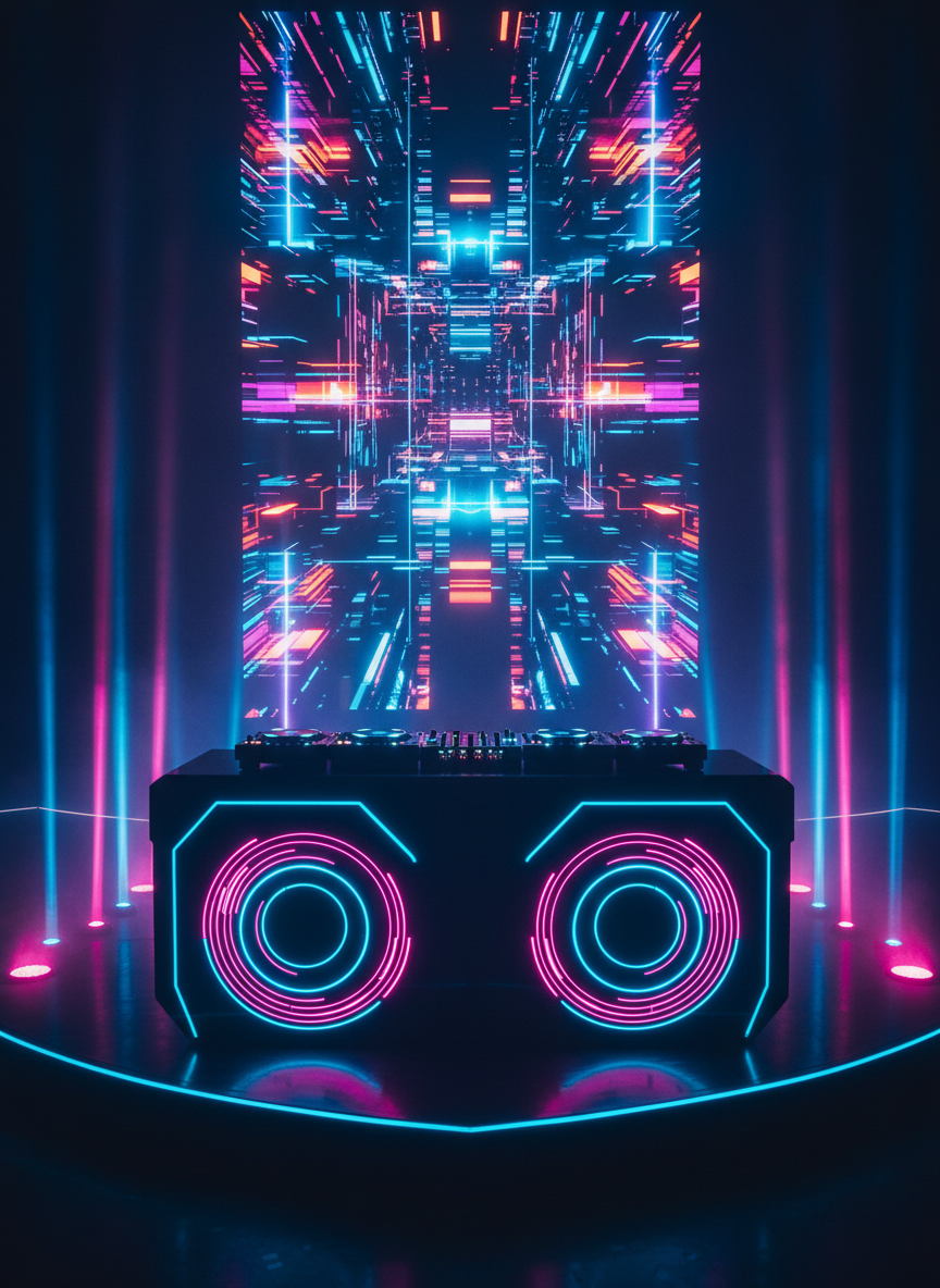 A sleek neonpunk DJ booth designed for a live party band, centered in the frame on a slightly elevated stage. The booth features a glossy black console with swirling holographic patterns, twin turntables rimmed with pulsating neon rings, and a glowing mixer with hyper-detailed knobs and faders illuminated in cyan and magenta. Behind it, a towering wall of virtual waveforms and geometric shapes animates across a massive LED screen, bathing the scene in radiant colors. Floor-mounted uplights cast vertical beams of electric pink and blue against a smoky backdrop, creating layered depth. The composition is symmetrical with strong vertical lines, captured at eye level with moderate depth of field, emphasizing a polished, high-tech vibe that radiates high-energy entertainment and top-tier production.