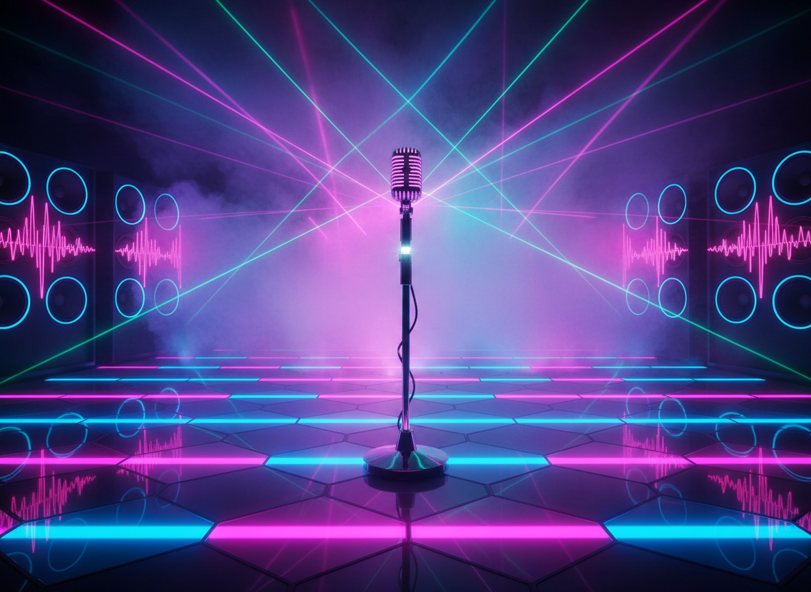 An ultra-stylized neonpunk dance floor seen from a slightly elevated angle, composed of glossy, glass-like tiles that pulse with alternating bands of hot pink, electric blue, and deep violet. In the foreground, a chrome microphone stand with a retro-style mic rests alone at center stage, glowing subtly with embedded LED strips. Surrounding the floor, towering black speaker stacks with animated neon outlines vibrate with visible soundwave patterns. Laser beams slice through the air, intersecting with soft, colorful fog that catches the light in swirling patterns. The lighting is bold and dynamic, with high contrast and vivid saturation, creating a sense of nonstop motion. The composition uses strong leading lines from the tiles and light beams, drawing the eye toward the central mic, embodying the promise of an unforgettable party performance.