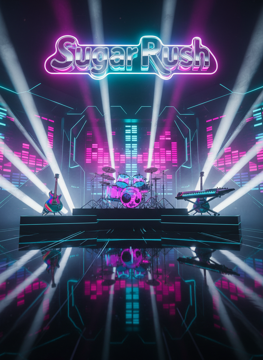 A gleaming neonpunk stage setup emblazoned with the bold “Sugar Rush” logo, formed from glossy chrome letters wrapped in electric pink and cyan neon tubing. At center, a high-end drum kit with translucent shells glows from within, flanked by holographic-finish guitars and a shimmering keytar resting on a sleek black riser. The backdrop is a digital wall of animated equalizer bars and geometric light panels, pulsing with vivid magentas, teals, and purples. Razor-sharp spotlight beams cut through a light haze, casting dramatic reflections across polished stage flooring. Captured from a low, wide-angle perspective with deep focus, the scene feels explosive, high-energy, and immersive, evoking a futuristic party atmosphere in a vibrant, stylized neonpunk aesthetic.