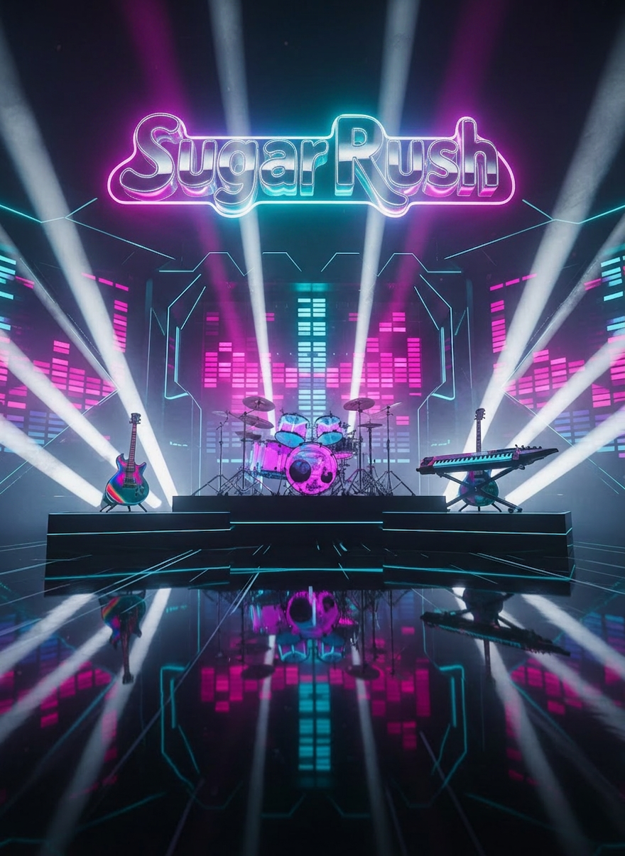 A gleaming neonpunk stage setup emblazoned with the bold “Sugar Rush” logo, formed from glossy chrome letters wrapped in electric pink and cyan neon tubing. At center, a high-end drum kit with translucent shells glows from within, flanked by holographic-finish guitars and a shimmering keytar resting on a sleek black riser. The backdrop is a digital wall of animated equalizer bars and geometric light panels, pulsing with vivid magentas, teals, and purples. Razor-sharp spotlight beams cut through a light haze, casting dramatic reflections across polished stage flooring. Captured from a low, wide-angle perspective with deep focus, the scene feels explosive, high-energy, and immersive, evoking a futuristic party atmosphere in a vibrant, stylized neonpunk aesthetic.